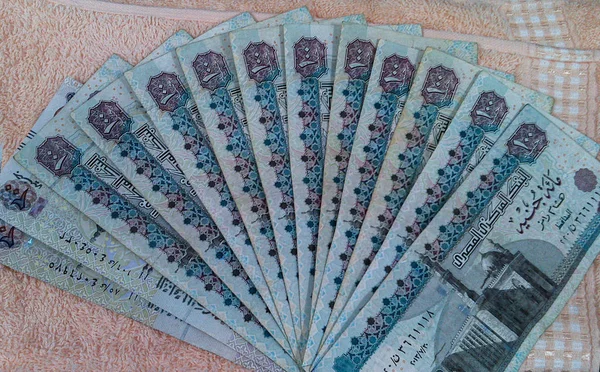 Divers Livres Égyptiennes Sur Fond Tissu Égypte Monnaie Monétaire — Photo