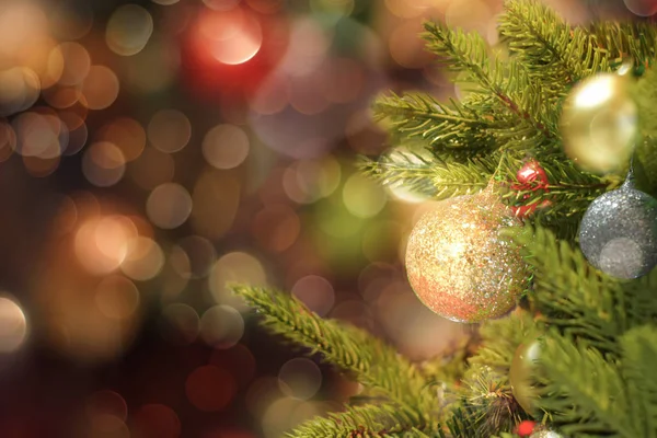 Bokeh odaklı ışıkları olan Noel ağacı arkaplanı.