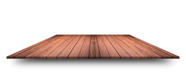 Boş ahşap masa ya da beyaz arka planda izole edilmiş tezgah. Ürün gösterimi veya tasarımı için