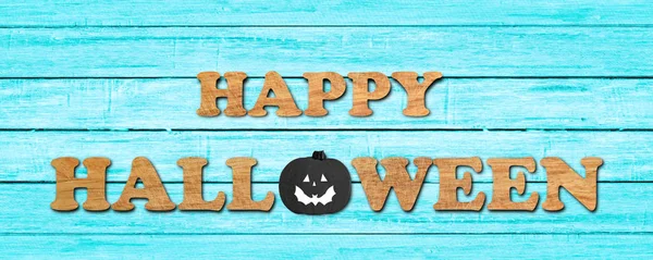 Word Halloween Made Wooden Letters Blue Wood Wall Background — Stockfoto