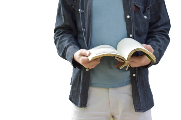 Bild Eines Jungen Mannes Auf Weißem Hintergrund Der Ein Buch — Stockfoto