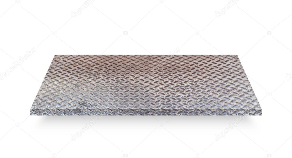 Perspective of diamond steel plate isolated on white background. Object with clipping path