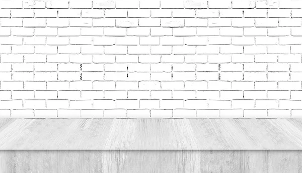 Biały Drewniany Stół Studio Białej Cegły Ściany Kontekst Reklamowania Produktu — Zdjęcie stockowe