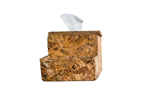Papel tissue em caixa de madeira isolada sobre fundo branco — Fotografia de Stock