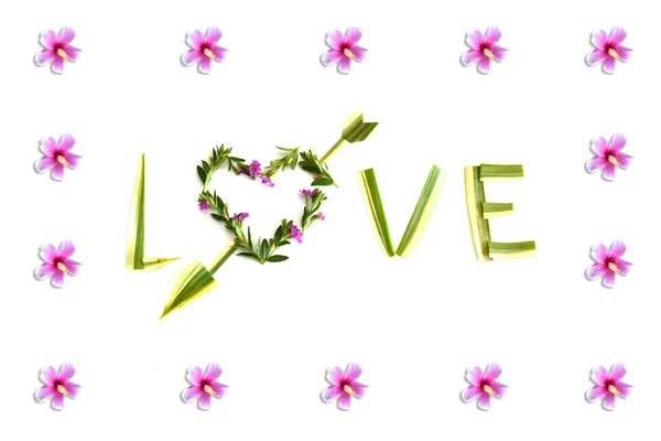 Καρδιά Της Λέξης Αγάπη Βέλος Από Λουλούδι Και Φύλλα Έννοια — Φωτογραφία Αρχείου