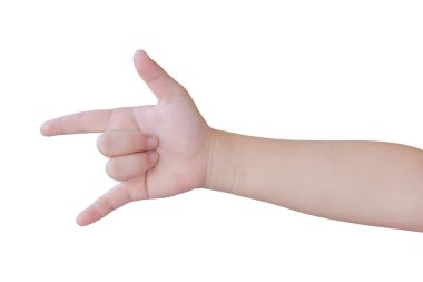 Beyaz arka planda izole edilmiş çocuk elinin aşk işareti. Kırpma yolu ile nesne.