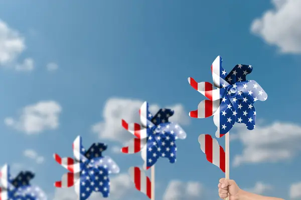 Hand Holding Wind Turbine Patriotic Usa Blue Sky Background — Stock Photo, Image