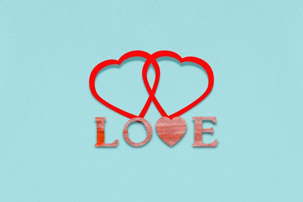 Woord Liefde Harten Blauwe Achtergrond Valentijnsdag Wenskaart Ontwerp — Stockfoto