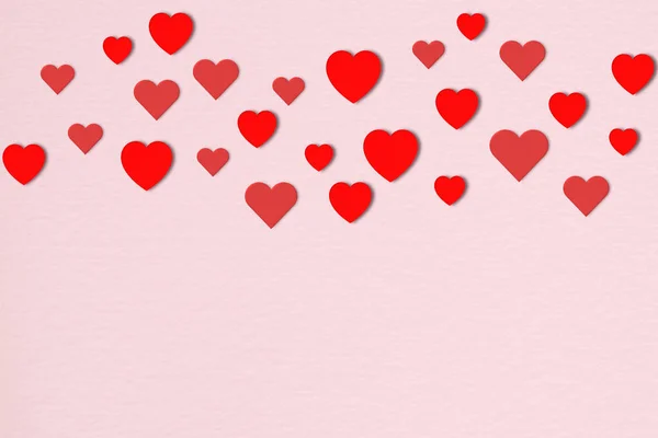 Kırmızı Kalpler Pembe Kağıt Üzerinde Düz Yatıyordu Sevgililer Günü Konseptleri — Stok fotoğraf