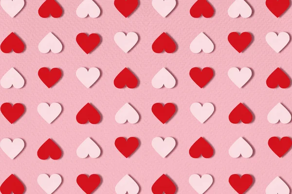 Patrón Sin Costuras Con Corazones Sobre Fondo Rosa Papel Acostado — Foto de Stock