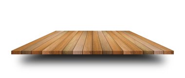 Boş ahşap masa ya da beyaz arka planda izole edilmiş tezgah. Ürün gösterimi veya tasarımı için