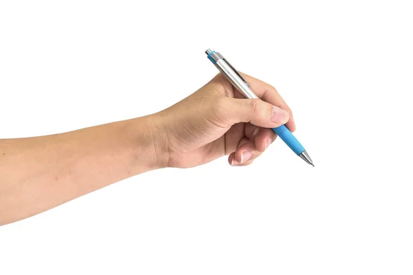 Mano Del Hombre Sosteniendo Pluma Escritura Aislada Sobre Fondo Blanco —  Fotos de Stock