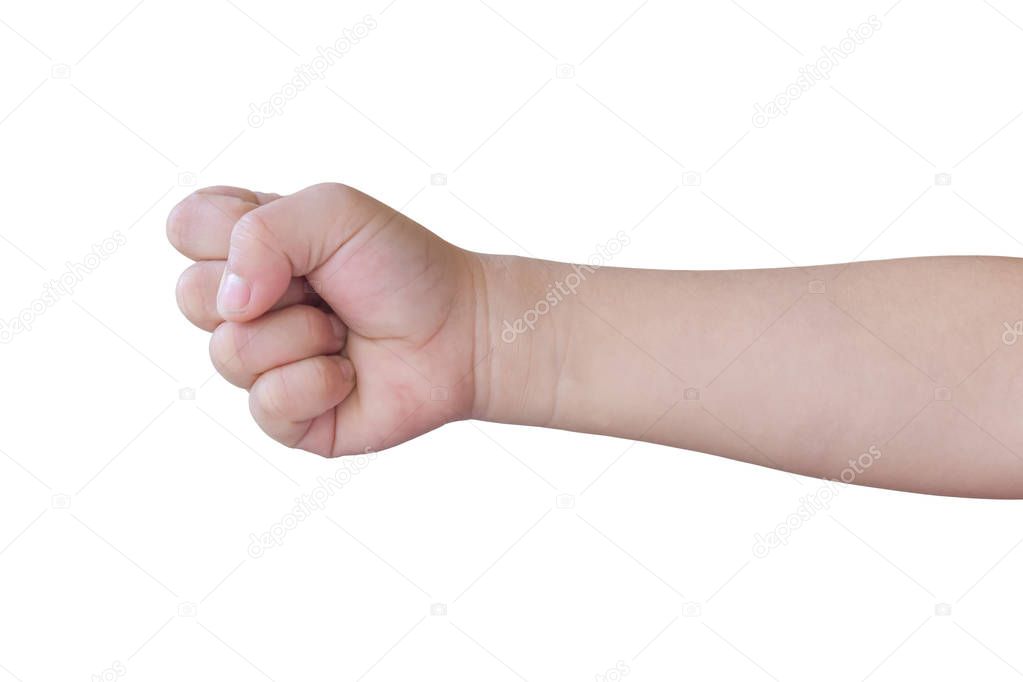 child hand shows fist isolated on white background, with clipping path.