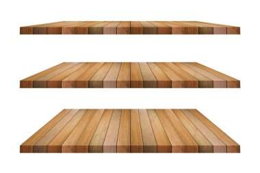 İzole edilmiş beyaz arka planda kahverengi ahşap raflar. Tasarım ve dekorasyon için kırpma yolu olan nesneler