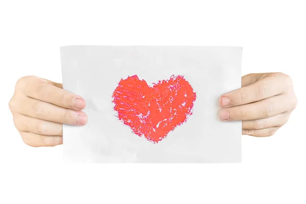 Children Hand Holding Paper Heart Symbol Drawing Lipstick Isolated White — Stock Photo, Image