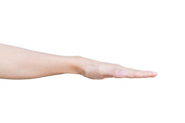 Kırpma yolu ile beyaz arkaplanda izole edilmiş ters avuç içi. Düz el.