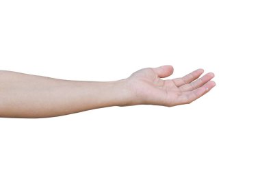 Kırpma yolu olan beyaz arkaplanda elle izole edilmiş bir adam.