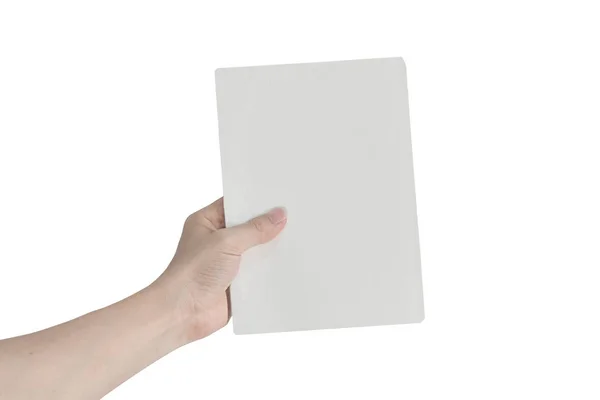 Hände Die Leeres Weißes Papier Isoliert Auf Weißem Hintergrund Mit — Stockfoto