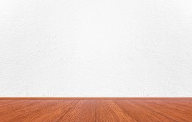 Beyaz beton duvar desenli ve kahverengi ahşap döşemeli boş bir iç oda. Konsept iç bağbozumu biçimi