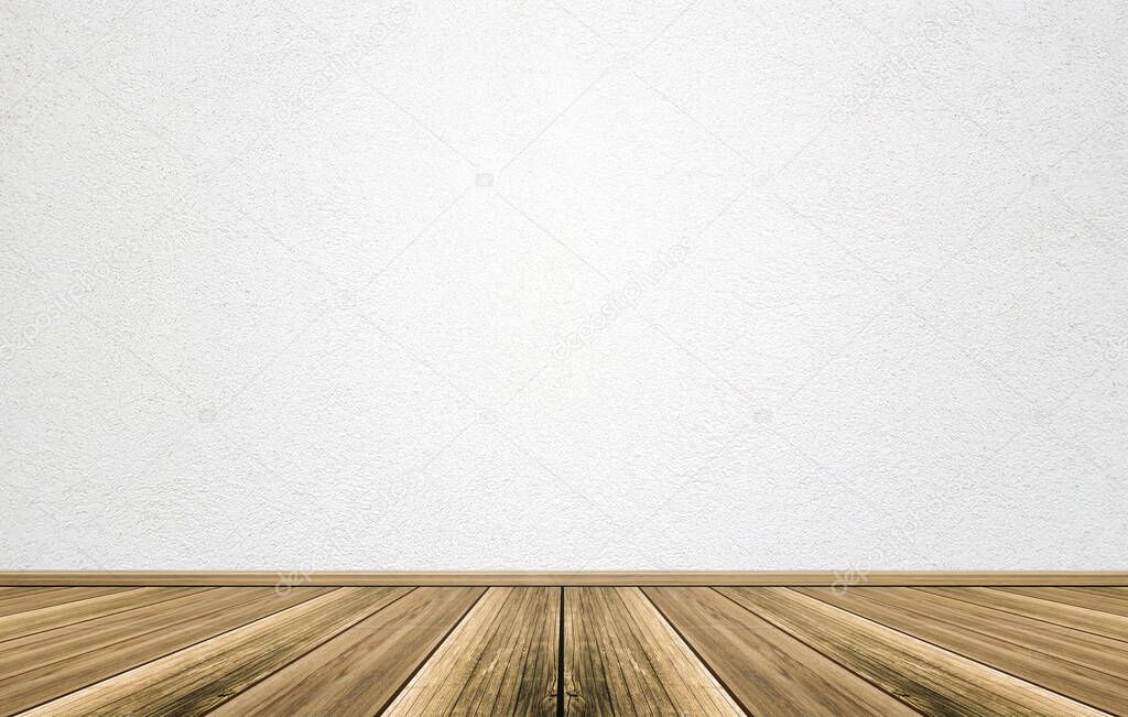 Empty interior room with white cement wall texture and brown wooden floor pattern. Concept interior vintage style