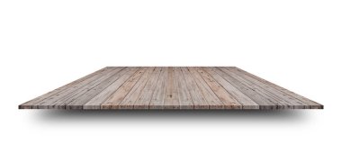 Boş ahşap masa ya da beyaz arka planda izole edilmiş tezgah. Ürün gösterimi veya tasarımı için