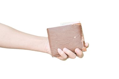 Old wallet in hand with isolated on white background with clipping path.