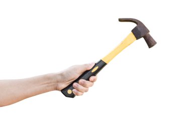 hand holding old rusty hammer isolated on white background, with clipping path