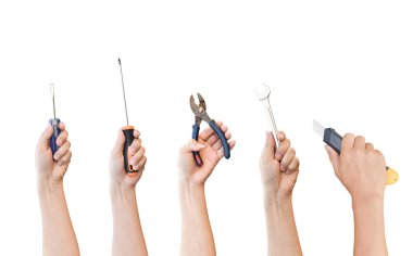 Hands holding different tools isolated on white background. object with clipping path.