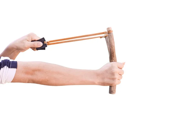 Hand Holding Aiming Slingshot Isolated White Background Clipping Path — Stockfoto