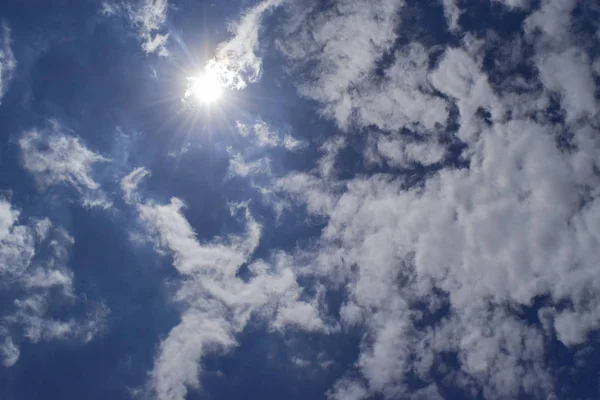 Day sky with bright sunshine. Blue sky with clouds and sun.