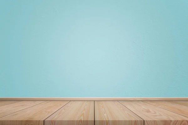 Пустая Внутренняя Комната Светло Голубой Текстурой Цементной Стены Коричневым Деревянным — стоковое фото