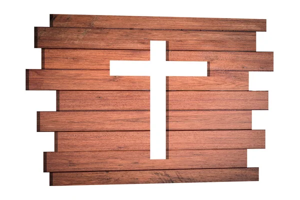 Hout Plank Met Christelijke Religie Symbool Kruis Vorm Binnen Geïsoleerd — Stockfoto