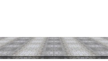 Görüntü veya model ürün için beyaz arkaplanda boş beton döşeme izole edildi.