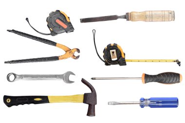 Beyaz arka planda izole edilmiş eski zanaatkar araçları. kırpma yolu olan nesne.