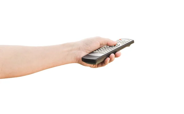 Hand Holding Television Remote Control Isolated White Background Clipping Path — Stock Photo, Image