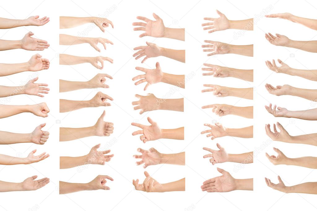 Collection of human hands in multiple gesture isolated on white background with clipping path.