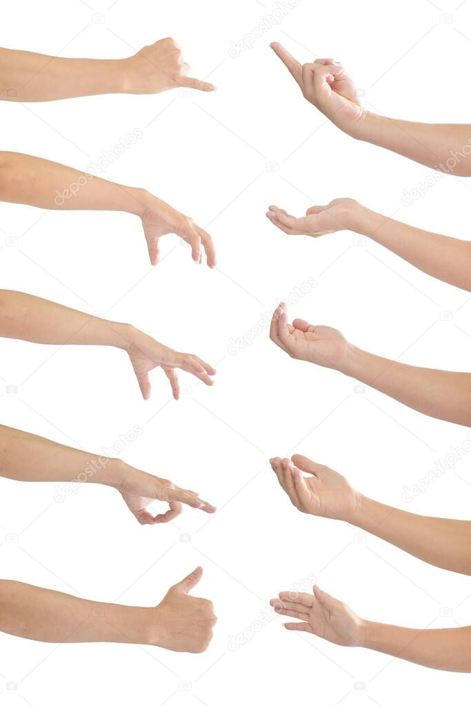 Collection of human hands in multiple gesture isolated on white background with clipping path.