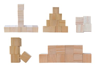 Collection of different wood toy cubes isolated on white background. Object with clipping path.