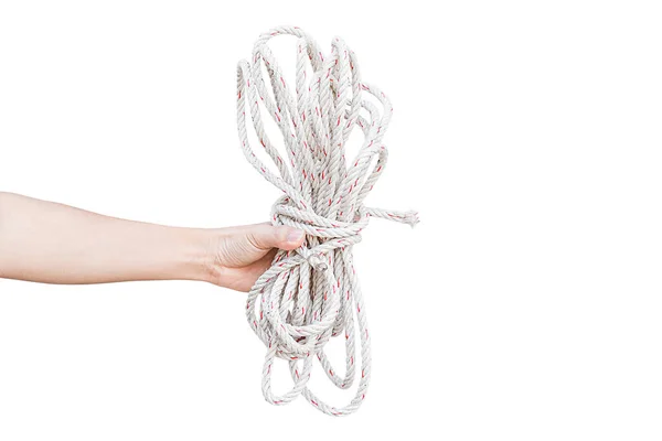 Hand Hält Seil Isoliert Auf Weißem Hintergrund Objekt Mit Schnittpfad — Stockfoto