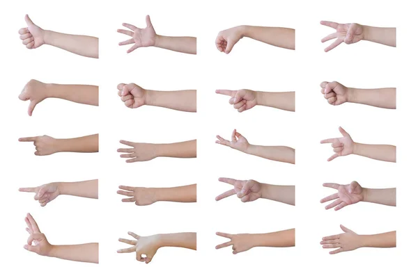 一组显示符号和手势的儿童手被白色背景隔开 带有裁剪路径 — 图库照片