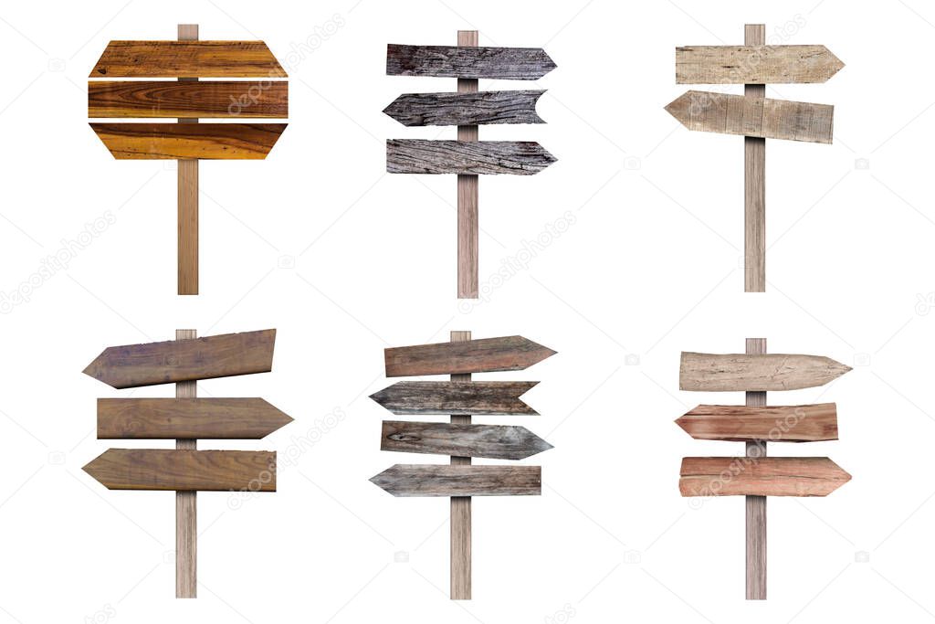 Collection of old various wooden sign isolated on white background. Object with clipping path.