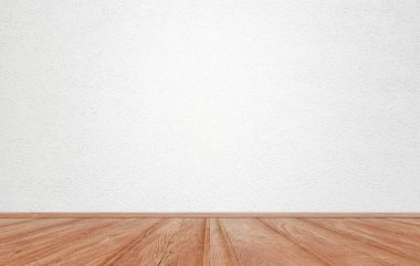 Beyaz beton duvar desenli ve kahverengi ahşap döşemeli boş bir iç oda. Konsept iç bağbozumu biçimi