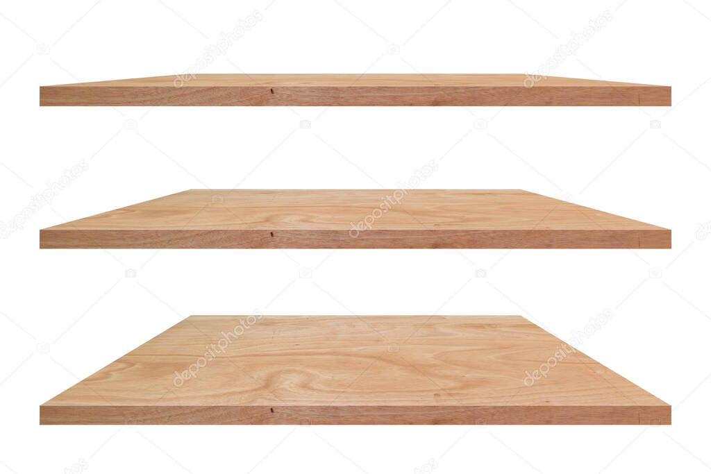Empty vintage wooden shelf isolated on white background. with clipping path