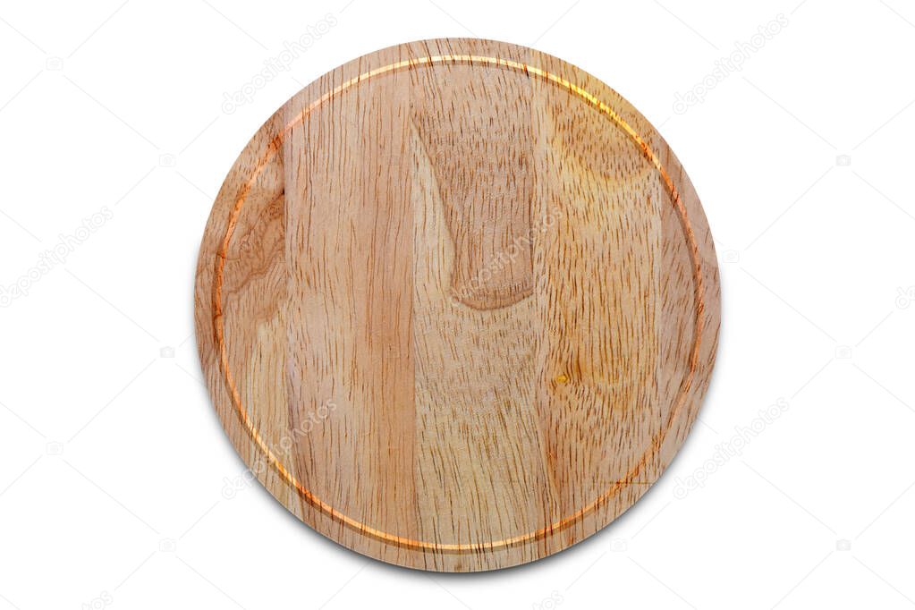 Round wood beech cutting board isolated on white. Wooden plate for meat and vegetable on white background..