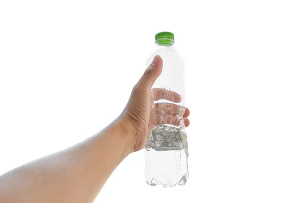 Hand Hält Flasche Wasser Isoliert Auf Weißem Hintergrund Mit Schnittpfad — Stockfoto