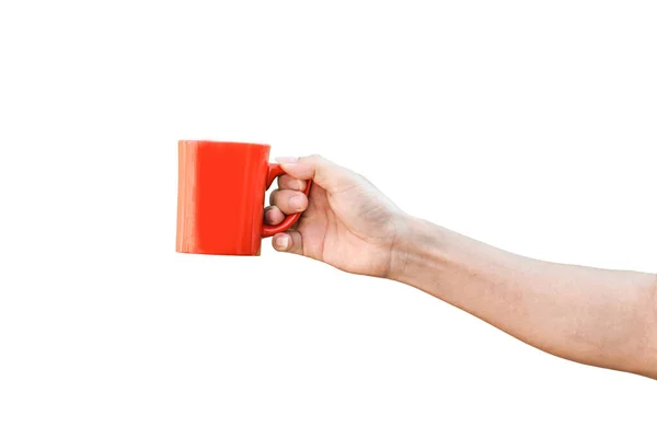 Рука Тримає Червону Чашку Ізольовано Білому Тлі Відсічним Контуром — стокове фото