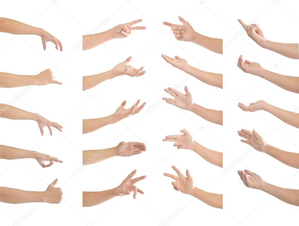 Collection of human hands in multiple gesture isolated on white background with clipping path.