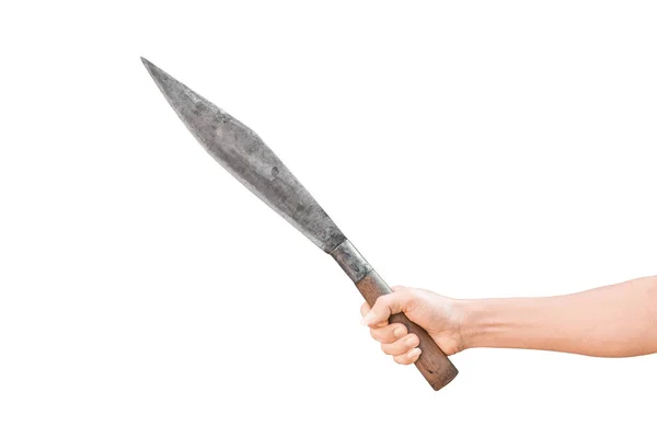 Рука Держа Большой Нож Изолирован Белом Фоне Клипсом Путь — стоковое фото