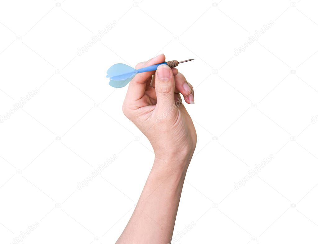 male hand holding a darts isolated on white background with clipping path.