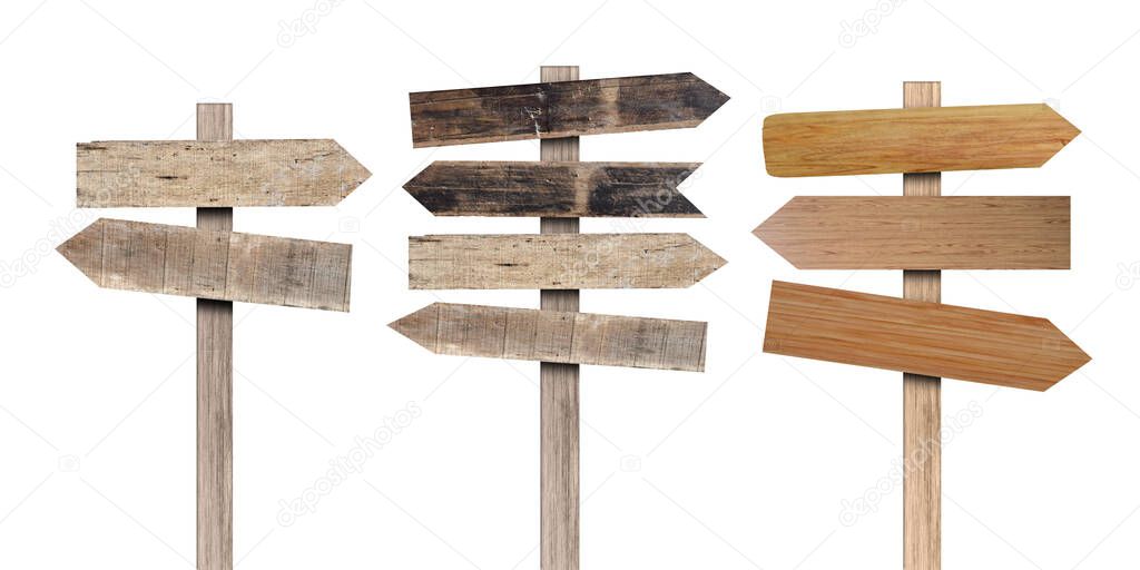 Collection of old various wooden sign isolated on white background. Object with clipping path.